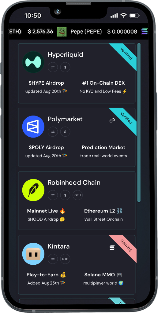 Crypto airdrops on AirdropAlert mobile: Hyperliquid, Polymarket, Robinhood Chain and Kintara airdrop cards