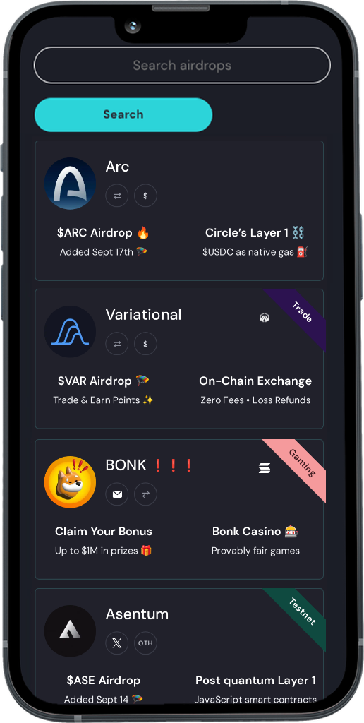 Search new airdrops on AirdropAlert mobile: Arc, Variational, BONK and Asentum testnet airdrop cards